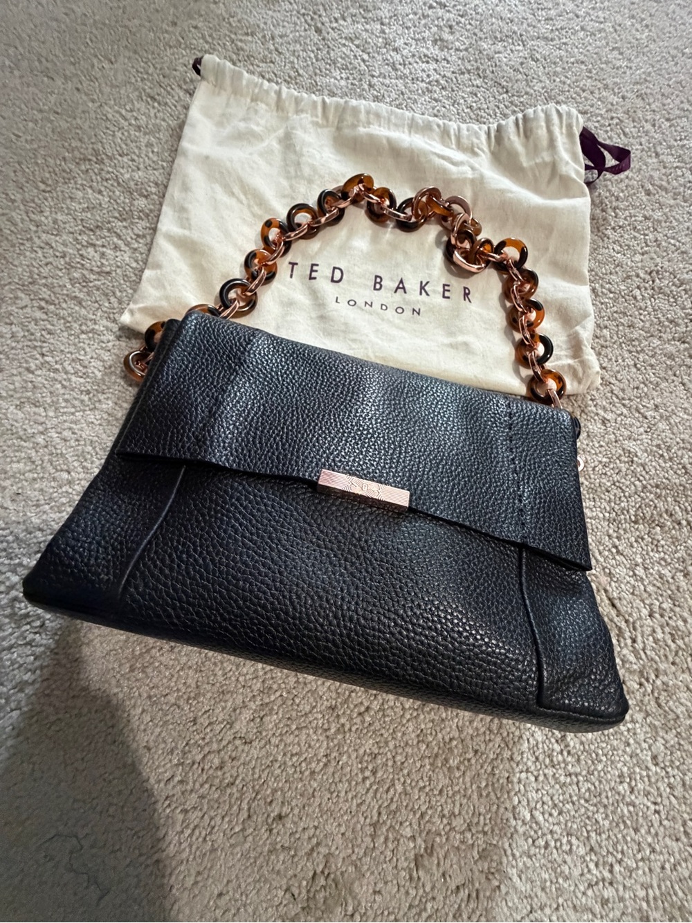 Ted Baker Black Pebbled Leather Shoulder Bag with Tortoiseshell Chain Handle